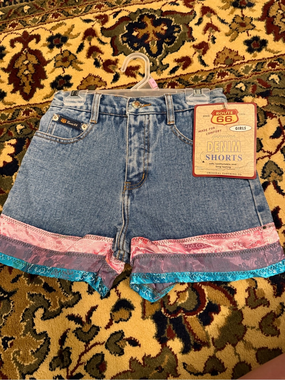 Route 66 Girls' Blue Denim Shorts with Pink & Teal Trim Dead stock!!